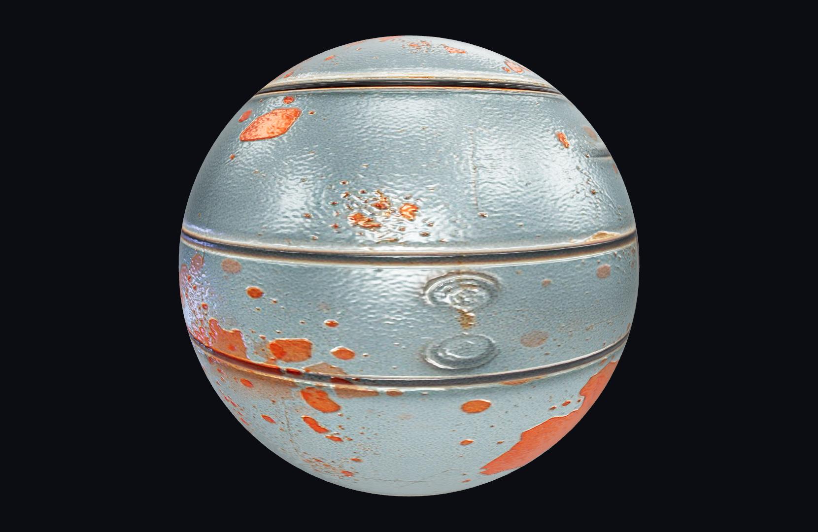 Weathered sci-fi MaterialForge sphere with orange rust and metal panel seams